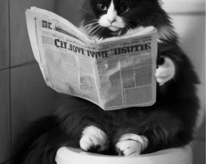 Cat Sat on the Toilet Wall Art Print:  Fun Poster Framed or Print Only. FREE DELIVERY