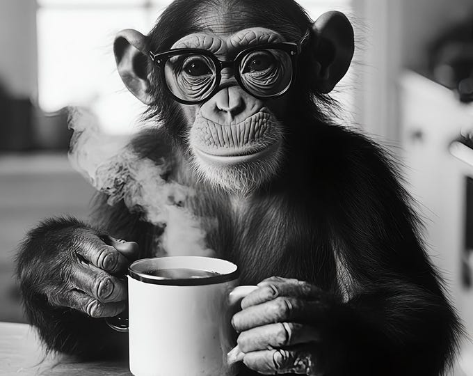 Monkey Drinking Coffee Wall Art Print: Fun Gift, Framed Poster  or Print Only.