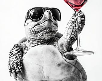 Turtle Drinking a Glass of Wine Wall Art Print: Fun Gift, Framed Poster  or Print Only.