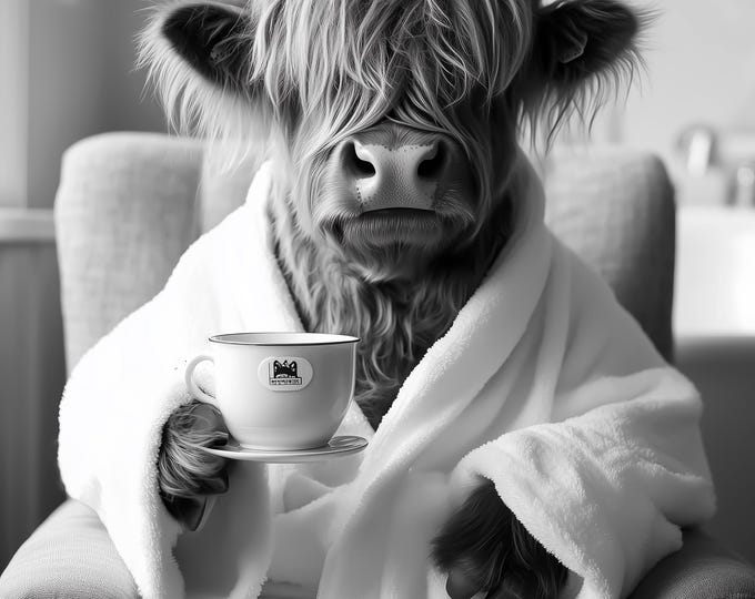Highland Cow in Robe Art Print, Funny Bathroom Decor