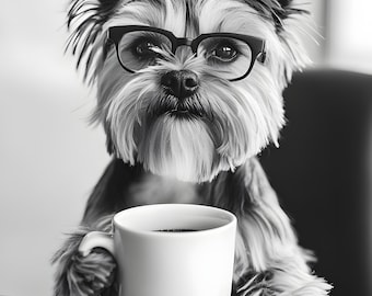 Yorkshire Terrier Drinking Coffee Wall Art Print: Funny Dog Gift, Dogs Drinking Poster Framed or Print Only. FREE DELIVERY
