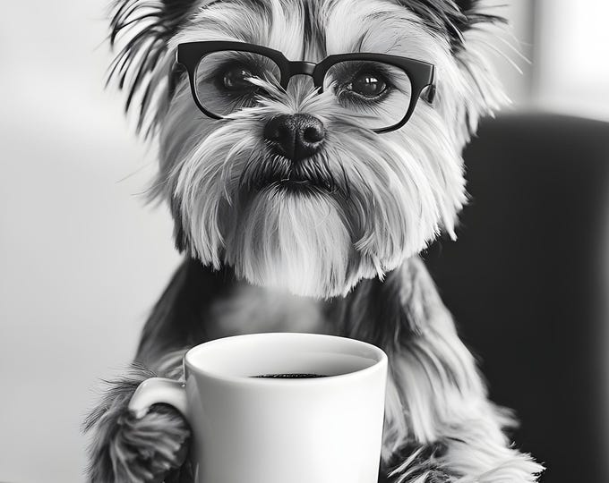 Yorkshire Terrier Drinking Coffee Wall Art Print: Funny Dog Gift, Dogs Drinking Poster Framed or Print Only. FREE DELIVERY