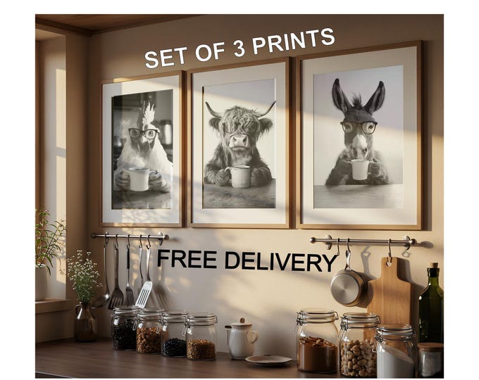 Set of 3 Fun Coffee Drinking Animals Donkey, Chicken & Highland Cow  Watercolour Wall Prints