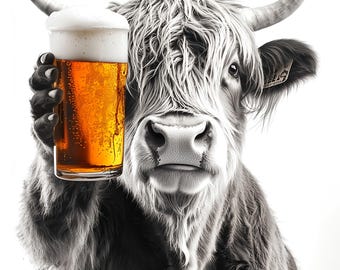 Highland Cow Drinking a Beer Wall Art Print: Fun Gift, Framed Poster  or Print Only.