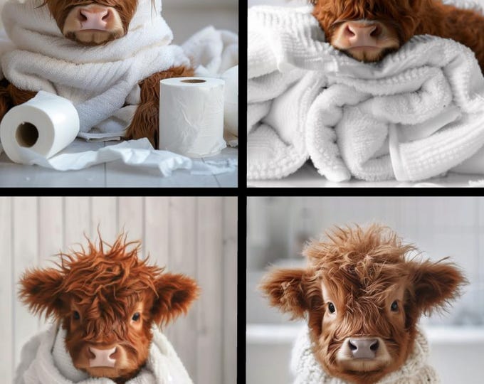 Highland Cow Bathroom Art Print, Funny Animal Poster, Black Frame Option