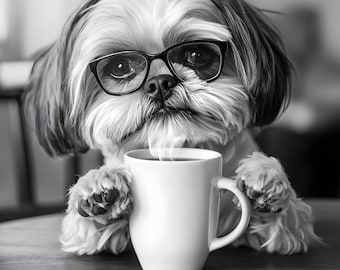 Shih Tzu Drinking Coffee Wall Art Print: Funny Dog Gift, Dogs Drinking Poster Framed or Print Only. FREE DELIVERY