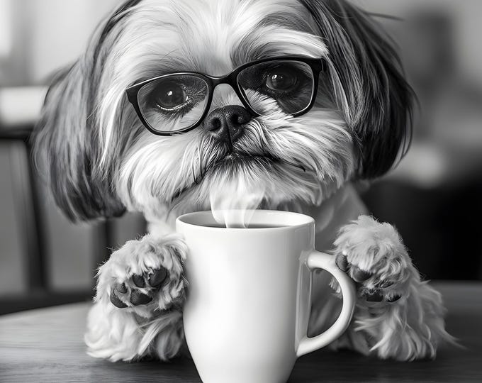 Shih Tzu Drinking Coffee Wall Art Print: Funny Dog Gift, Dogs Drinking Poster Framed or Print Only. FREE DELIVERY