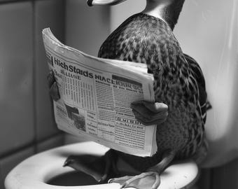 Duck on Toilet Newspaper Print, Quirky Bathroom Art