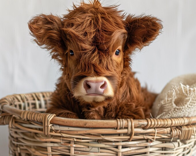 Highland Cow Calf in Basket Watercolour Wall Print Art