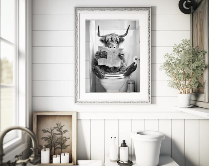Highland Cow Bathroom Print | Funny Sat on the Toilet Wall Art