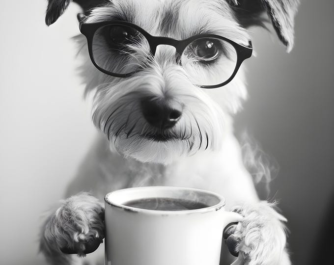 Terrier Drinking Coffee Wall Art Print: Funny Dog Gift, Framed or Poster Only.