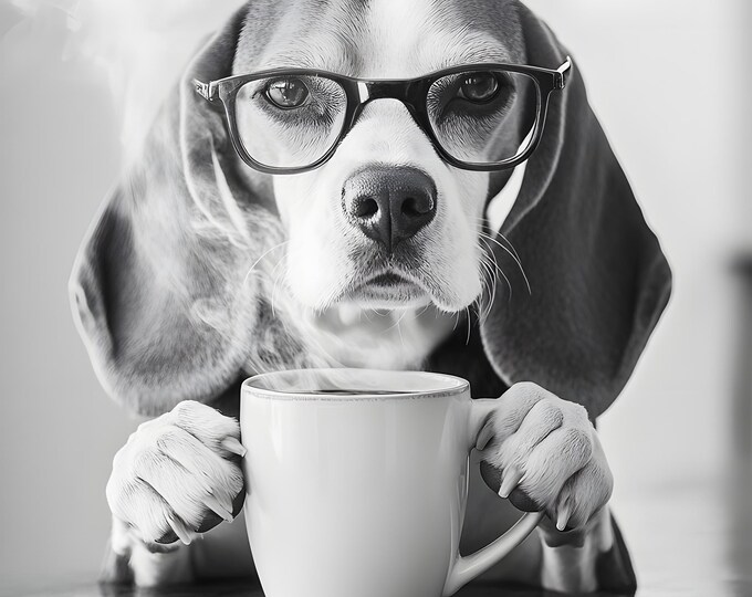 Beagle Dog Drinking Coffee Wall Print. Framed or Print Only. FREE DELIVERY