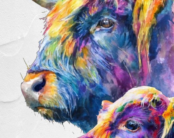 Highland Cow & Calf Print, Watercolour Abstract Poster Wall Art