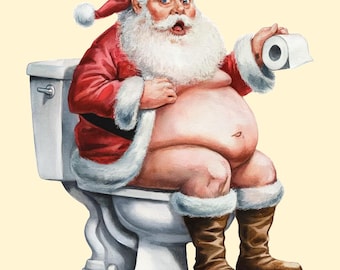 SANTA SAT On The TOILET Funny Father Christmas Bathroom - Toilet Wall Art Print