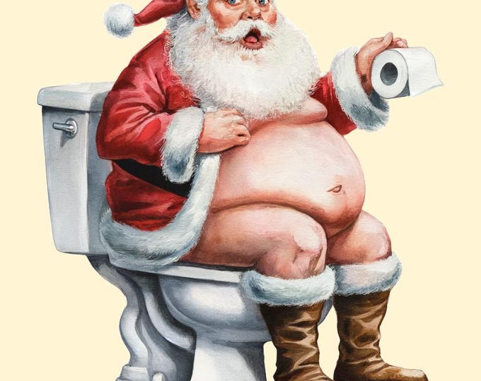SANTA SAT On The TOILET Funny Father Christmas Bathroom - Toilet Wall Art Print