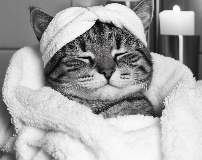 Fun Cat Pampering it's Self Print, Bathroom Wall Art