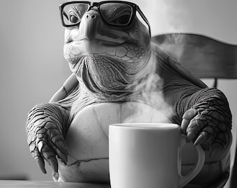 Turtle with Coffee Art Print, Funny Bathroom Wall Decor