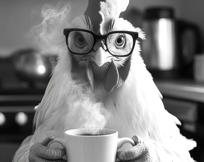 Chicken Drinking Coffee Wall Art Print: Fun Gift, Framed Poster  or Print Only.