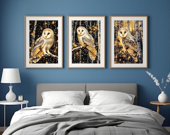 Barn Owl Set of 3 Wall Poster Prints Kitchen - Bathroom - Bedroom