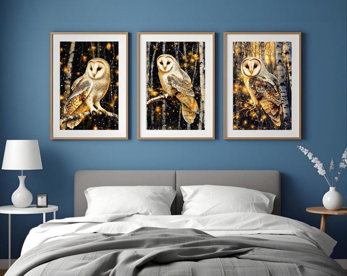 Barn Owl Set of 3 Wall Poster Prints Kitchen - Bathroom - Bedroom