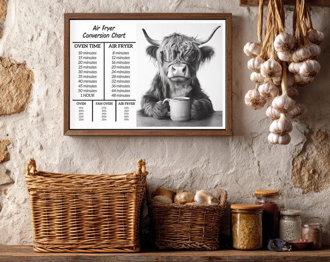 Highland Cow Kitchen Air Fryer Conversion Chart Wall Print
