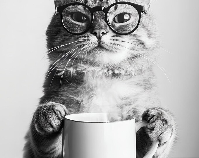 Cat Drinking a Coffee Wall Art Print:   Poster Framed or Print Only. FREE DELIVERY