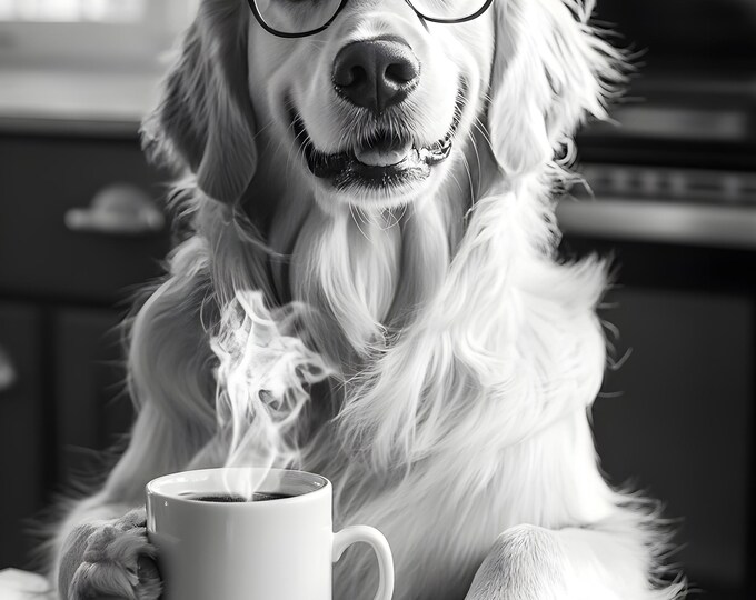 Golden Retriever Drinking Coffee Wall Art Print: Funny Dog Gift, Framed or Poster Only.