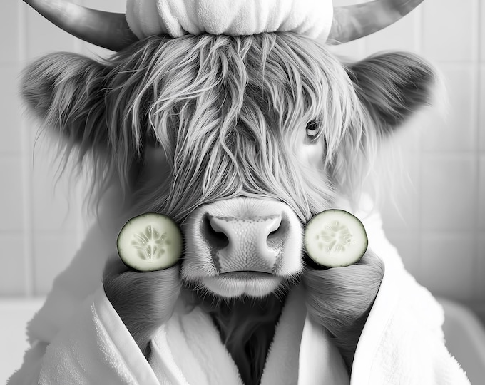 Funny Highland Cow Spa Day Print, Bathroom Decor