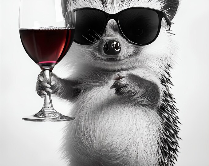 Hedgehog Drinking a Glass of Wine Wall Art Print: Fun Gift, Framed Poster  or Print Only.