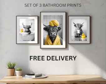 Highland Cows with Yellow Ducks Set of 3 Bathroom Watercolour Wall Prints