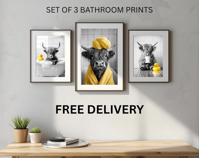Highland Cows with Yellow Ducks Set of 3 Bathroom Watercolour Wall Prints