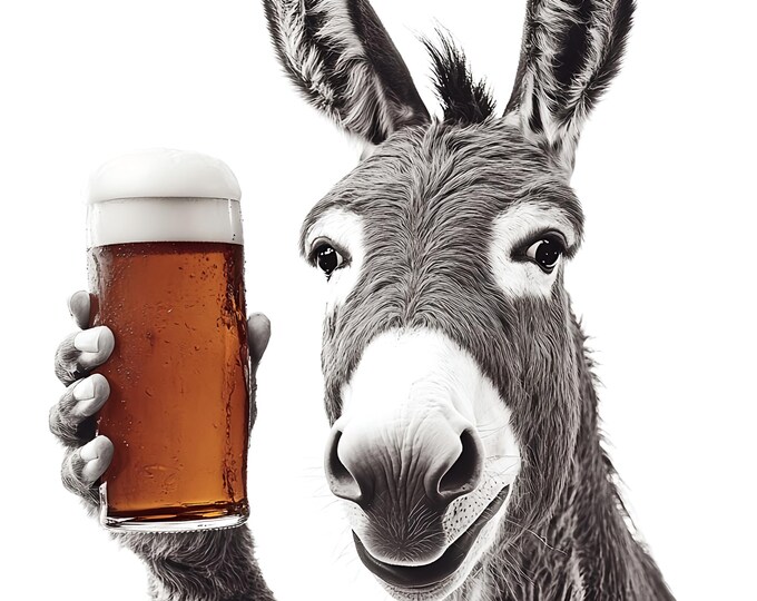 Donkey Drinking a Beer Wall Art Print: Fun Gift, Framed Poster  or Print Only.