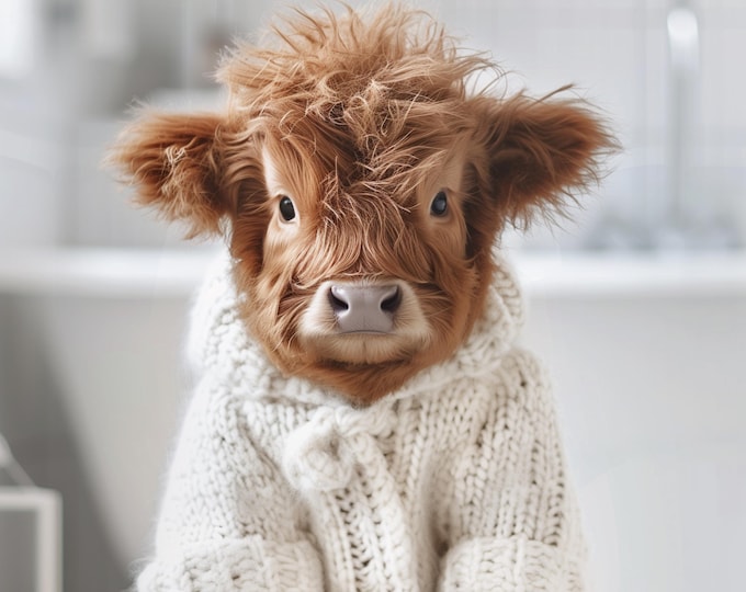 Highland Cow Calf Wearing a Jumper Watercolour Wall Print Art