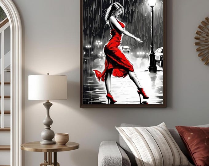 Lady in Red Dancing in the Rain Watercolour Wall Print