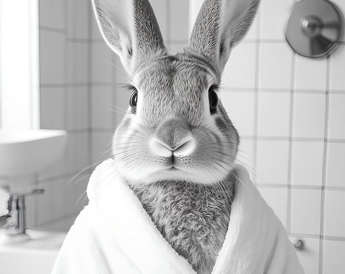 Funny Bunny in Robe Print, Bathroom Wall Art