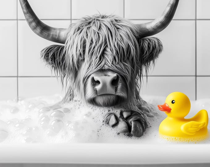 Funny Highland Cow Bathroom Print, Real Glass Frame Option