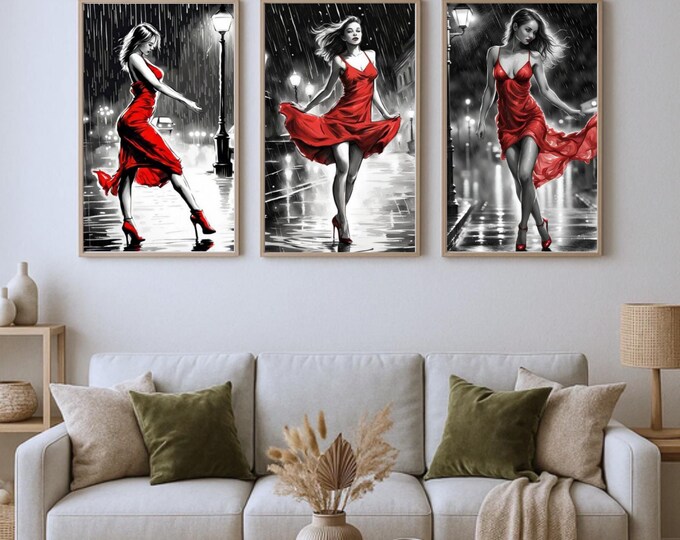 Set of 3 Ladies in Red Dancing in the Rain Watercolour Wall Prints