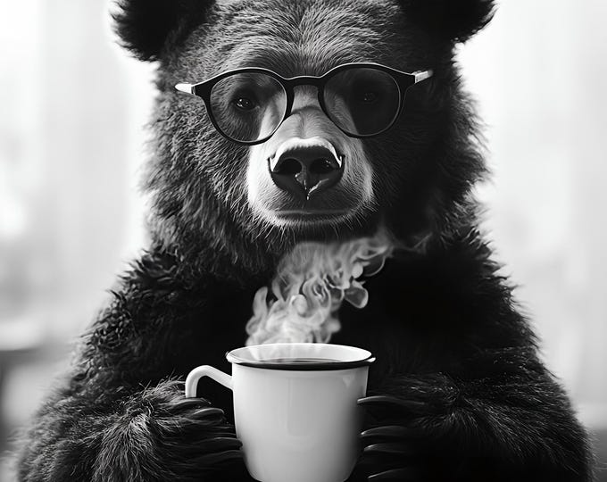 Bear Drinking Coffee Wall Art Print: Fun Gift, Framed Poster  or Print Only.