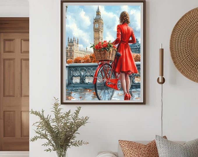 Lady in Red viewing the Scenery with Her Push Bike Watercolour Wall Print