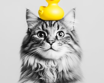 Fun Cat with Yellow Plastic Duck Print, Bathroom Wall Art