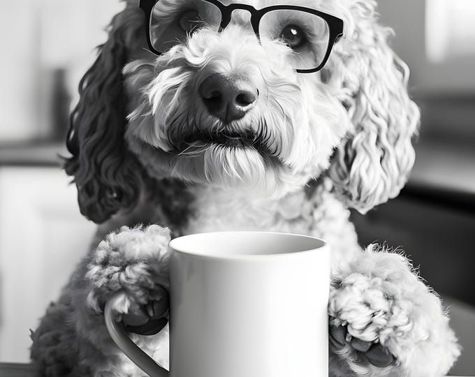 Labradoodle Dog Drinking Coffee Wall Art Print,  Framed Options Available FREE DELIVERY