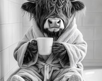 Highland Cow Drinking Coffee Wall Art Print: Fun Gift,  Poster or Print
