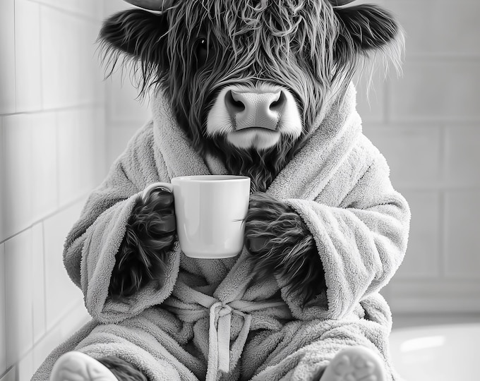 Highland Cow Drinking Coffee Wall Art Print: Fun Gift, Framed Poster  or Print Only.