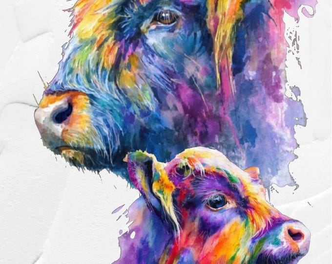 Highland Cow & Calf Print, Watercolour Abstract Poster Wall Art