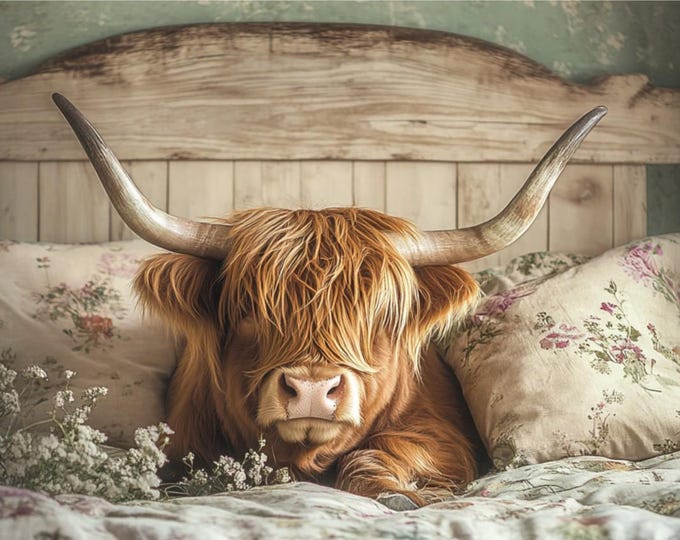 Highland Cow Shabby Chic Bed Watercolour Wall Print Art