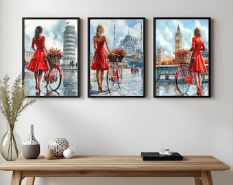 Ladies in Red Bicycle Art Prints, Set of 3, Travel Theme
