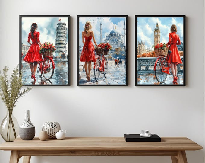 Ladies in Red Bicycle Art Prints, Set of 3, Travel Theme