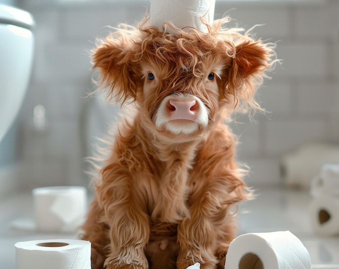 Highland Cow Calf Playing with Toilet Rolls Watercolour Wall Print Art