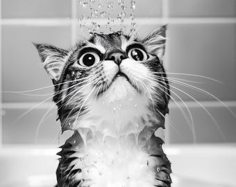 Fun Cat in the Shower Print, Bathroom Wall Art