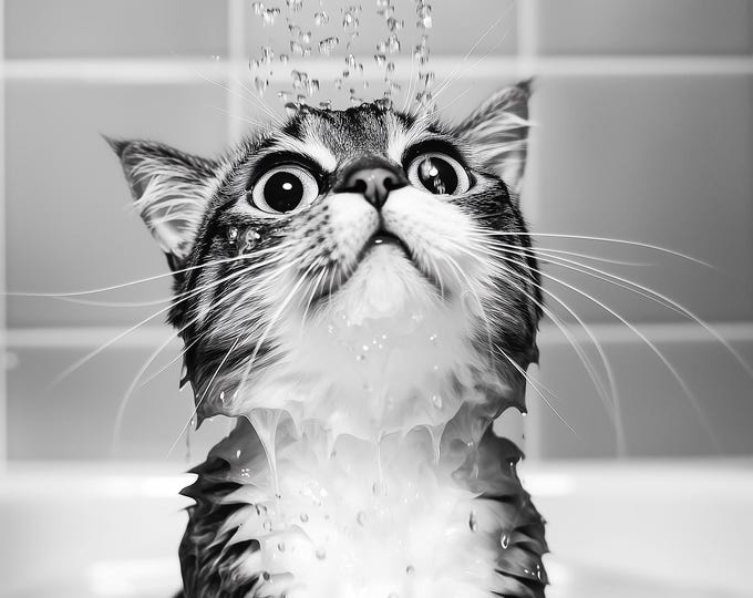 Fun Cat in the Shower Print, Bathroom Wall Art